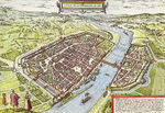 1572. Historical sight of the German town of Frankfurt by Georg Braun and Frans Hogenberg (between 1572 and 1618)This map shows the ancient city wall and moat that surrounded Frankfurt town