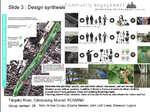 Discussion of four main ideas of design. 1: Swales for river infrastructure improvement and holding more run off water, brings another interesting element to the river. 2. meandering pathway, made with gravel underneath for some stability, vegetation growing through will be mown. This is best as flooding will not cause problems, and the route of the pathway can be changed with different mowing patterns. 3: Natural fence made with climbing plants for barrier of rail tracks, however is permeable and so the train line is still part of the site. 4. Perhaps most importantly bringing forward the question of community involvement. Community members could have their own patches to plant vegetables etc, they would be taught about maintenance, negative elements of the river way could be improved by them, example: by getting school children to paint, and create art on the concrete barriers running along the river. Also discussion about plants and species suitable for the river.