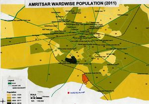 Ward wise population of Amritsar city and the location of the land fill site