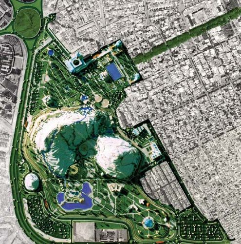 combination of Arial View of urban context with koohsangy park maquette