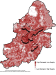 The map shows variation in accessibility to natural capital and ability of the natural environment to ‘supply’ or meet the needs of local population. The underlined areas show the existing gaps in green infrastructure.