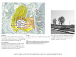 Sketch showing Monte Gaiás proposed planting design; the heathland restored area, the medium and high meadows and the transitional (towards the heathland planting) areas. The image depicts the car park, how the existing pavement patters are draw through the meadow by moowing.