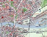 1946 After the II world war.Gray color show areas and buildings without damages during the second war bombing. Pink colorshow areas totally destroyed after the second war