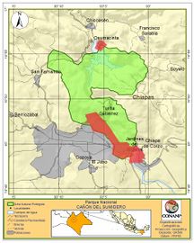 Map of the area existing settlements. CCA (2015), Cañón del Sumidero II: expediente de hechos relativo a la petición SEM-11-002, Comisión para la Cooperación Ambiental, Montreal, 98 pp.