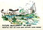 Mumbai's Future development with retention pond and storm drain network along highway by 2060, Sketch by Nisit C.