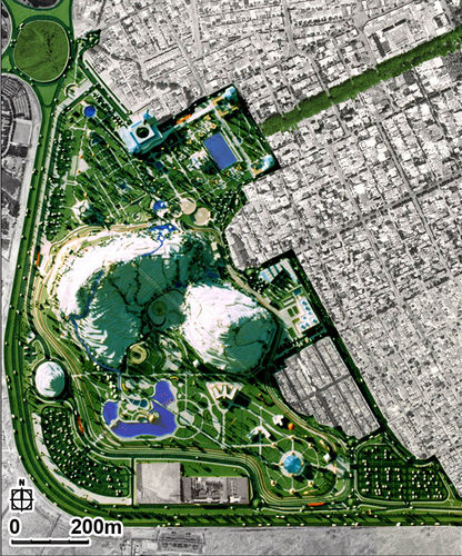 combination of Arial View of urban context with koohsangy park maquette