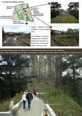 Synthesis drawing 2 : Representing the current conditions of different areas in the chosen zone and also the strategy used to redesign. Concept : The walk through the woodlands culminate into the wetland, changing the habitat type and breaking the monotony.The reason to convert the area onto woodlands is because the surrounding patches have a dense foliage of trees. The pattern is continued to maintain uniformity and make the area rich in green.