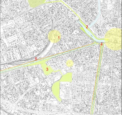 The Darsena Area, my vision 4 1. Redevelopment of the traffic situation in the main squares in the neighbourhoods (Piazza XIV Maggio, Porta Genova and Piazza Arcole). Development of pedestrian areas and improvements of the car and transportation connections, 2. Reopening of the old Navigli for recover the original character of the city, 3. Creation of a green park network through the city with new green areas and existent parks, 4. Creation of green corridors long the Navigli and creation of a regional scale green network by means of the Navigli waterways, 5. Creation of a bike road from the city to the fields.